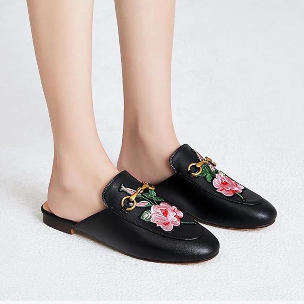 Vertundy Women's Mules Low Heel Flats Leather Slip On Backless Sandals